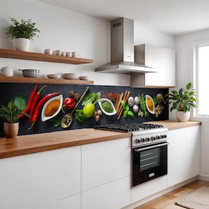 Op de afbeelding: Een moderne keuken met witte kasten, houten werkbladen en een zwarte achterwand met een levendige opstelling van kruiden en specerijen. Rode chilipepers, specerijen en verse kruiden worden getoond. Een roestvrijstalen afzuigkap en oven maken de scène compleet.