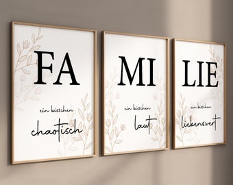 Cornici, quadri da parete, decorazioni per soggiorno e corridoio, set di 3 poster, poster con frasi: famiglia, caotico, rumoroso, adorabile, fiori