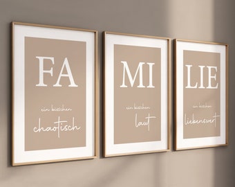 Wandbilder, Wohnzimmer Bilder, Flur Dekoration, 3er Poster Set, Spruch Poster - Weiß- Braunbeige - Familie - Chaotisch - Laut - Liebenswert