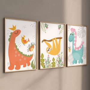 Set di 3 poster, con cornice, cameretta dei bambini, poster, regalo per battesimo, poster per bambini A5/A4/A3/A2 - Dinosauri - Divertenti