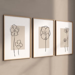 Living Room Wall Art, Poster Set of 3, Picture Frame Poster Set, Line Art Bloom, Boho Art, Minimalist Art - Flower