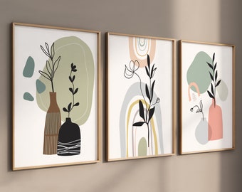 Affiches encadrées, tableaux muraux, salon, chambre, décoration de couloir, lot de 3 affiches, tableaux d'art mural - Boho Art - Fleurs - Dessin