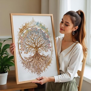 May include: A framed watercolour painting of a tree of life with intricate details and a colourful, swirling background.
