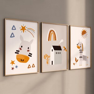 Set di 3 poster con cornici per la cameretta dei bambini, idea regalo per bambini, stampe artistiche, poster per bambini, DIN A4, A3, A2, A1 - Stile Boho - simpatici animali