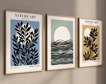 Fotolijstposters, wanddecoraties, woonkamer, slaapkamer, set van 3 posters, abstracte kunst - boho kunst - zon - bloem