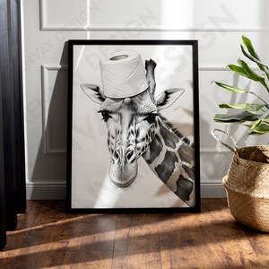 Guest WC Toilet | Bathroom | A2 A3 A4 Poster | Funny | Humor | With picture frame | Giraffe toilet roll on the head