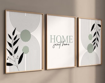 Décoration murale bohème minimaliste, décoration murale bohème - Ensemble de 3 affiches style bohème du milieu du siècle - Home Sweet Home