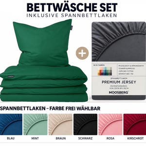 Könnte beinhalten: Ein dunkelgrünes Bettwäsche-Set mit Kopfkissenbezug und Bettbezug sowie einem anthrazitfarbenen Spannbettlaken. Die Verpackung zeigt den Text Premium Jersey, 100% Bio-Cotton, Gewicht 160g/m2, mit einer Farbauswahl-Tabelle im unteren Bereich.