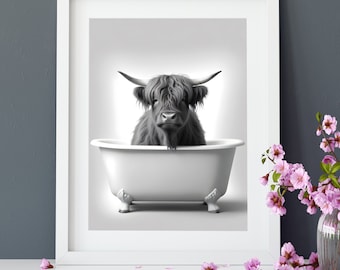Dierenposter, muurschildering badkamerposter wanddecoratie, dierenposter, toiletposter, koe, Schotse Hooglandveebadkuip