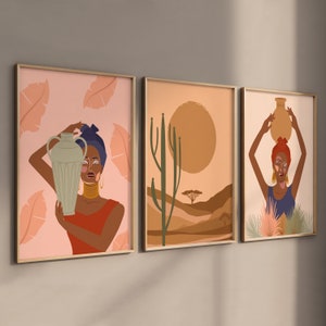 Fotolijsten, muurfoto&#39;s, woonkamer, slaapkamer, abstracte kunst, Afrikaanse vrouw, 3 stuks. Premium posterset - Afrika - Landschap