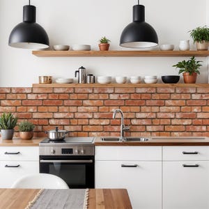 Può includere: Una cucina moderna con mobili bianchi, un forno in acciaio inossidabile e un paraschizzi in mattoni. Due lampade a sospensione nere sono sopra il piano di lavoro. Ripiani con piatti e piante in vaso. Una pentola in acciaio inossidabile sul fornello.