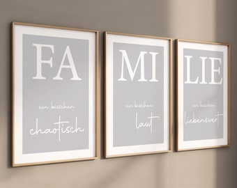 Bilderrahmen , Wandbilder, Wohnzimmer, Flur Dekoration, 3er Poster Set, Spruch Poster - Familie - Chaotisch - Laut - Liebenswert