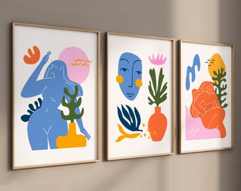 Premium-posterset | Abstracte kunst | Set van 3 | Wandfoto's woonkamer & slaapkamer | Decoratieve printafbeeldingen | Boho kunst kleurrijk | Vrouw