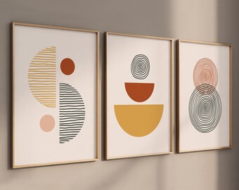 Set van 3 postermuurafbeeldingen, abstracte muurkunst terracotta boho afbeeldingen, woonkamer - slaapkamerafbeeldingen, halve cirkels - geometriecirkels
