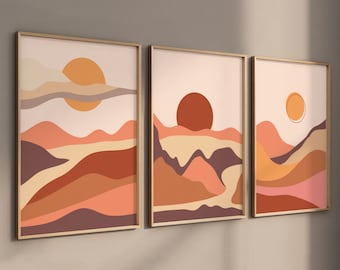 Set van 3 posters, terracotta muurfoto's, abstracte kunst aan de muur boho foto's, woonkamer - slaapkamer foto's, zonsondergang - bergen - zon