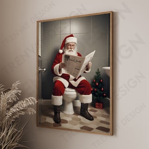 Immagini di Natale | Murale divertente | Stampa artistica | Poster per WC da bagno | Bagno per gli ospiti | Babbo Natale si siede sul WC e legge il giornale