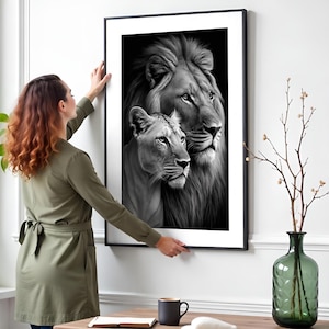 Cuadros de pared monocromáticos - Pósters en blanco y negro - Elegante cuadro de pared para salón y dormitorio - Póster de animales - Póster de leones - Pareja de leones