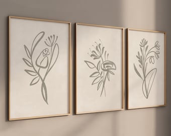 Abstract Wall Art Set van 3 bloemen muurfoto's, slaapkamerposters, muurfoto's, woonkamerdecoratie, slaapkamerfotolijsten - Beige
