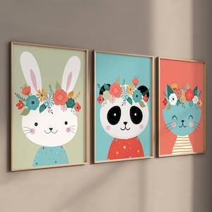 Poster 3er Set, Dekorative Bilder, Kinderzimmer, Baby Poster Bilder, Taufgeschenk, Kinder Poster - Tiermotiv - Hase - Katze - Panda - Blumen