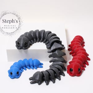 May include: Three articulated caterpillar toys in blue, black, and red. The black caterpillar is curved, while the blue and red ones are straight. Each has a segmented body and large, round eyes. The Steph's Magical Menagerie logo is in the upper left.