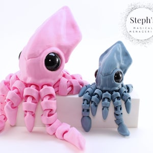 Puede incluir: Dos juguetes de peluche en forma de calamar, uno rosa y otro azul, con ojos grandes y tentáculos segmentados. Los juguetes están hechos de un material suave y texturizado y tienen un aspecto caprichoso y de dibujos animados.
