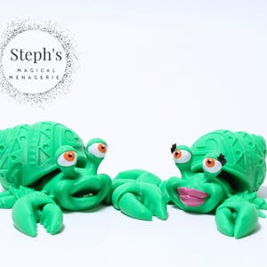 Peut inclure: Deux crabes ermites de style cartoon vert avec des yeux globuleux et des détails peints. Le crabe de gauche a un large sourire, tandis que le crabe de droite a une bouche peinte en rose.