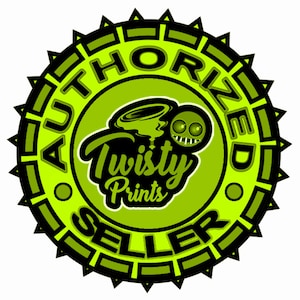 May include: A circular, neon green and black "AUTHORIZED SELLER" badge. The badge features the text "AUTHORIZED SELLER" around the outer edge. The center has the words "Twisty Prints" and a cartoon graphic of a tornado with a face.