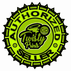 May include: A green and black circular sticker with the text "Authorized Seller" and "Twisty Prints" in a black and white font. The sticker features a cartoon monster with a green face and a black swirl.