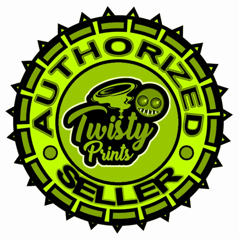 May include: A green and black circular sticker with the text "Authorized Seller" and "Twisty Prints" in a black and white font. The sticker features a cartoon monster with a green face and a black swirl.