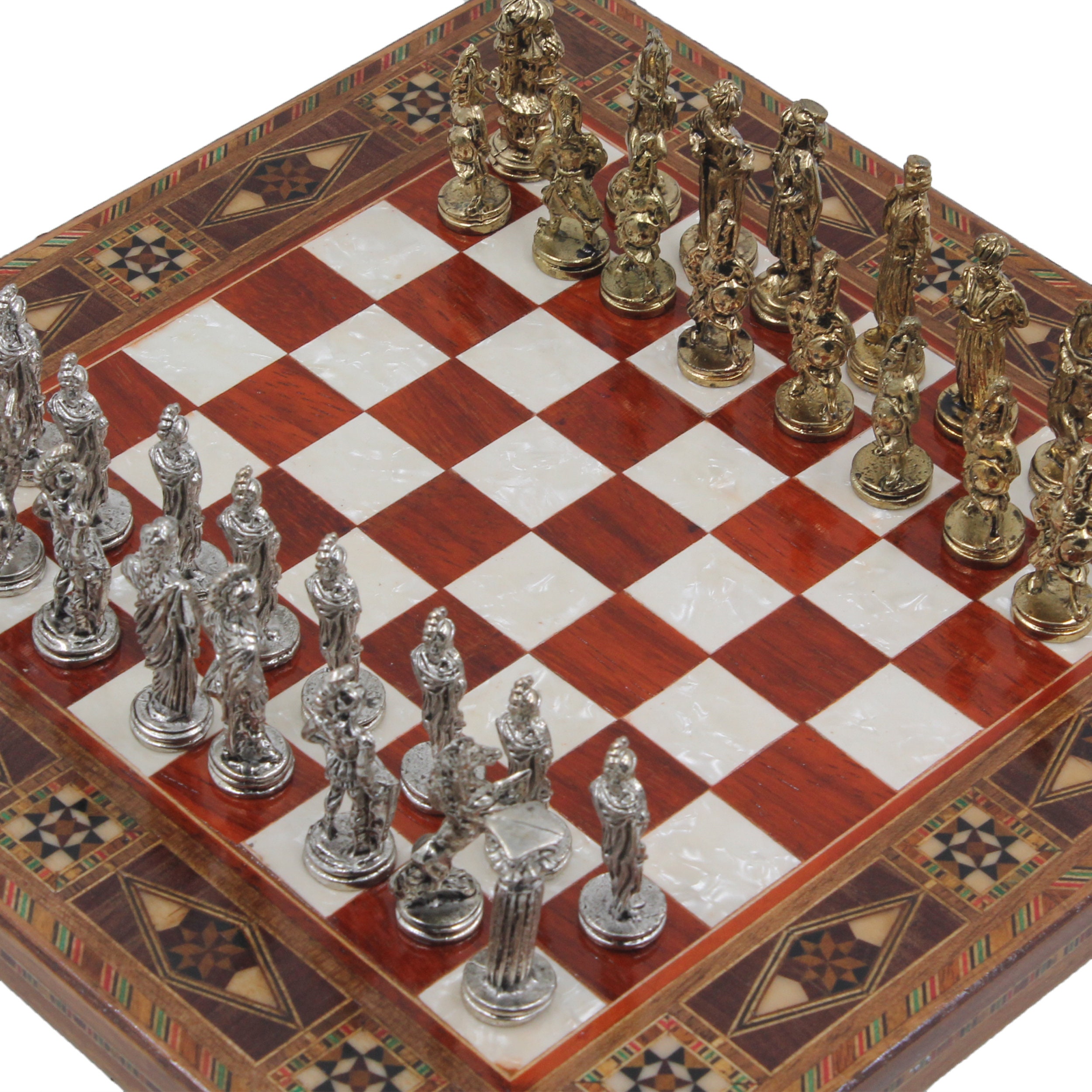 Medieval Times Crusades Pewter METAL Chess Set 16 Black & Red Faux Marble  Board