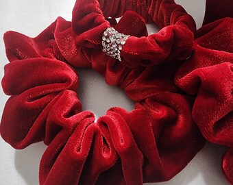 Set of 2 Velvet Scrunchies, Rhinestone Hair Accessories, Gift for Her, Red Velvet Scrunchies, Hair Tie