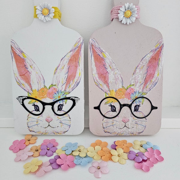 Easter Decor, Mini Cutting Boards, Decoupaged Bunnies with Glasses, Pastel Flowers, Tiered Tray Décor, Kitchen/Home Decor, Unique Gifts