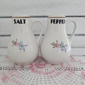 Vintage Porcelain Salt & Pepper Shakers with Handles, Pastel Floral Motif, Large Black Letters and Gold Trim - In Beautiful Condition!!!