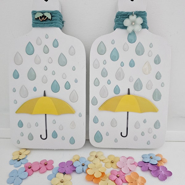 Spring Decor, Decorative Mini Cutting Boards, Umbrellas, Rain, Flowers, Tiered Tray Décor, Kitchen Decor, Home Decor, Gifts