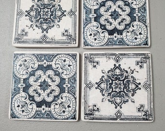 Ceramic Coasters, Set of 4, Decoupage, Dark Blue Tile Patterns, Home / Farmhouse Decor, One-of-a-Kind, Housewarming, Unique, Gift