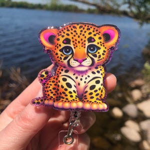 Lisa Frank Inspired Leopard Print Badge Reel: Magenta Glitter, Retractable