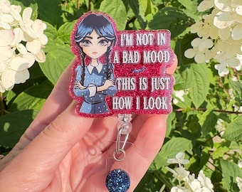 Wednesday Addams Retractable Badge Reel: Raspberry Glitter - Funny ID Holder