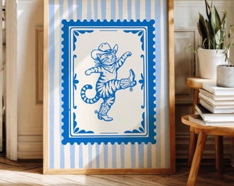 Whimsical Dancing Cowboy Cat Print, Vintage Western Wall Art Print, Blue Coastal Decor for Living Room, Bedroom or Nursery, Digital Download
