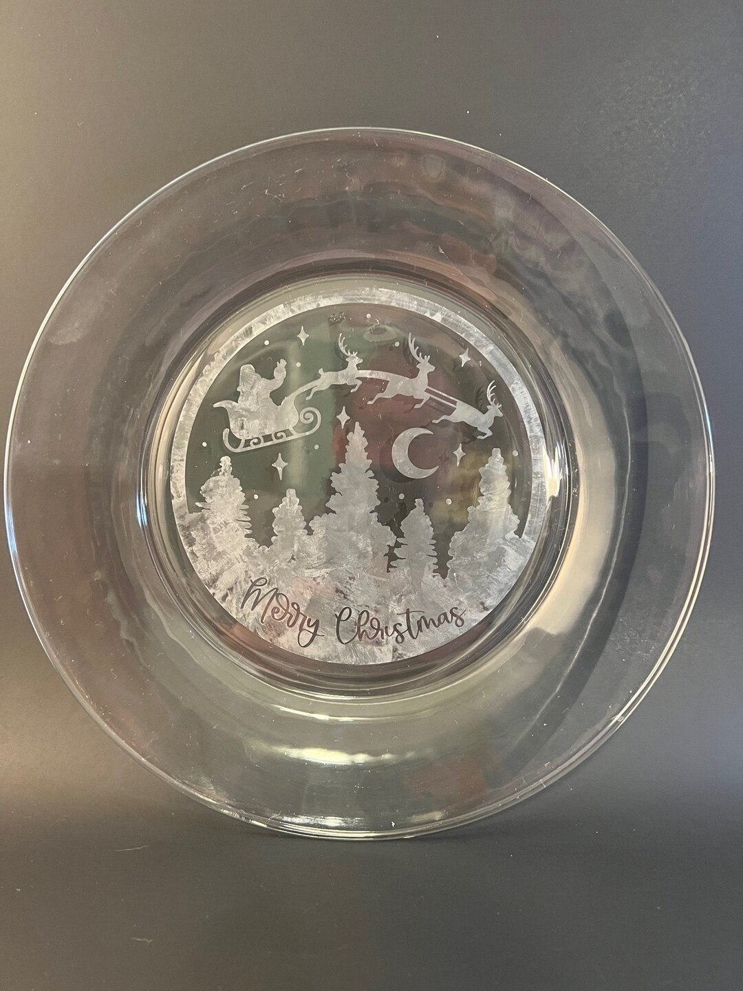 Etched Glass Christmas Plate Gift Cookie Plate Santa Handcrafted Dated