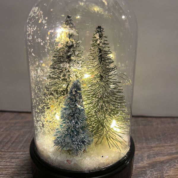 Acrylic Snow Dome with Bottle Bush Trees Iridescent Snow Bottle Brush Trees Fairy Lights Christmas Decor Holiday Decor Handcrafted  Glowing