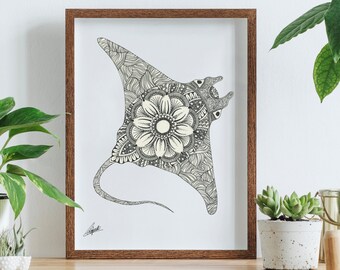 Manta Ray Print Vertical - Wall Art Poster, Unique Home Decor, Marine Animal Drawing