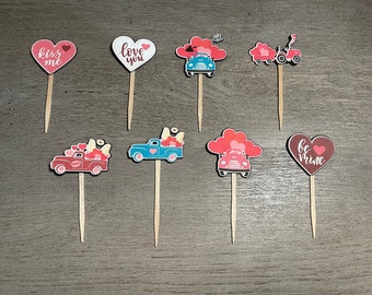 Valentine Cupcake's Toppers/Valentine Truck Toppers/ Heart Toppers/ Truck Valentine Toppers/2D cupcake Toppers/ Set of 8/