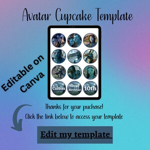 Puede incluir: La pantalla de una tableta digital muestra una plantilla para toppers de cupcakes con tem&aacute;tica de Avatar. La plantilla incluye nueve im&aacute;genes redondas con personajes de la pel&iacute;cula Avatar, junto con texto que dice "Colton", "Feliz cumplea&ntilde;os" y "10&ordm;".