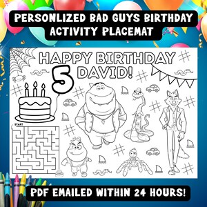 Mantel individual para colorear de cumpleaños de los malos/Hoja de actividades de cumpleaños/Archivo digital/