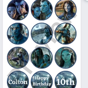 Puede incluir: Doce pegatinas circulares azules y blancas con im&aacute;genes de la pel&iacute;cula Avatar. Las pegatinas muestran personajes de la pel&iacute;cula, incluyendo Neytiri, Jake Sully y Tsu'tey. Las pegatinas tambi&eacute;n incluyen texto que dice "Colton", "Feliz cumplea&ntilde;os" y "10&ordm;".