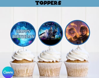 May include: Three cupcakes with white frosting and decorative toppers. The toppers feature images and text from the movie "How to Train Your Dragon" and the phrase "Happy Birthday". The text "Digital How to Train Your Dragon Toppers" and "Personalize on Canva" are also present.