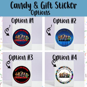 May include: Four white paper gift bags with different sticker designs. Each bag has a round sticker with the text "Javier's 8th Birthday" and "Thank you for coming to my party!" The stickers feature Roblox characters.
