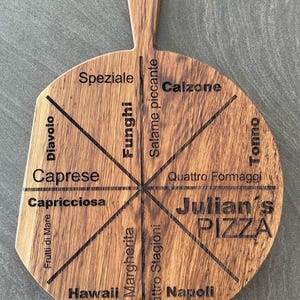 Puede incluir: Una tabla de pizza de madera con un asa y un dise&ntilde;o circular. La tabla est&aacute; dividida en ocho secciones, cada una etiquetada con un tipo de pizza diferente: Diavolo, Capricciosa, Caprese, Frutti di Mare, Hawaii, Margherita, Quattro Stagioni y Napoli. El centro de la tabla presenta el texto "Julian's Pizza" y "Quattro Formaggi".