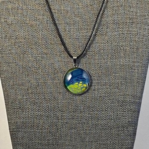 Fun Blue and Green Fluid Art Necklace, Acrylic pour pendant jewelry, Unique abstract designs, Handcrafted pendant, Round, Silver