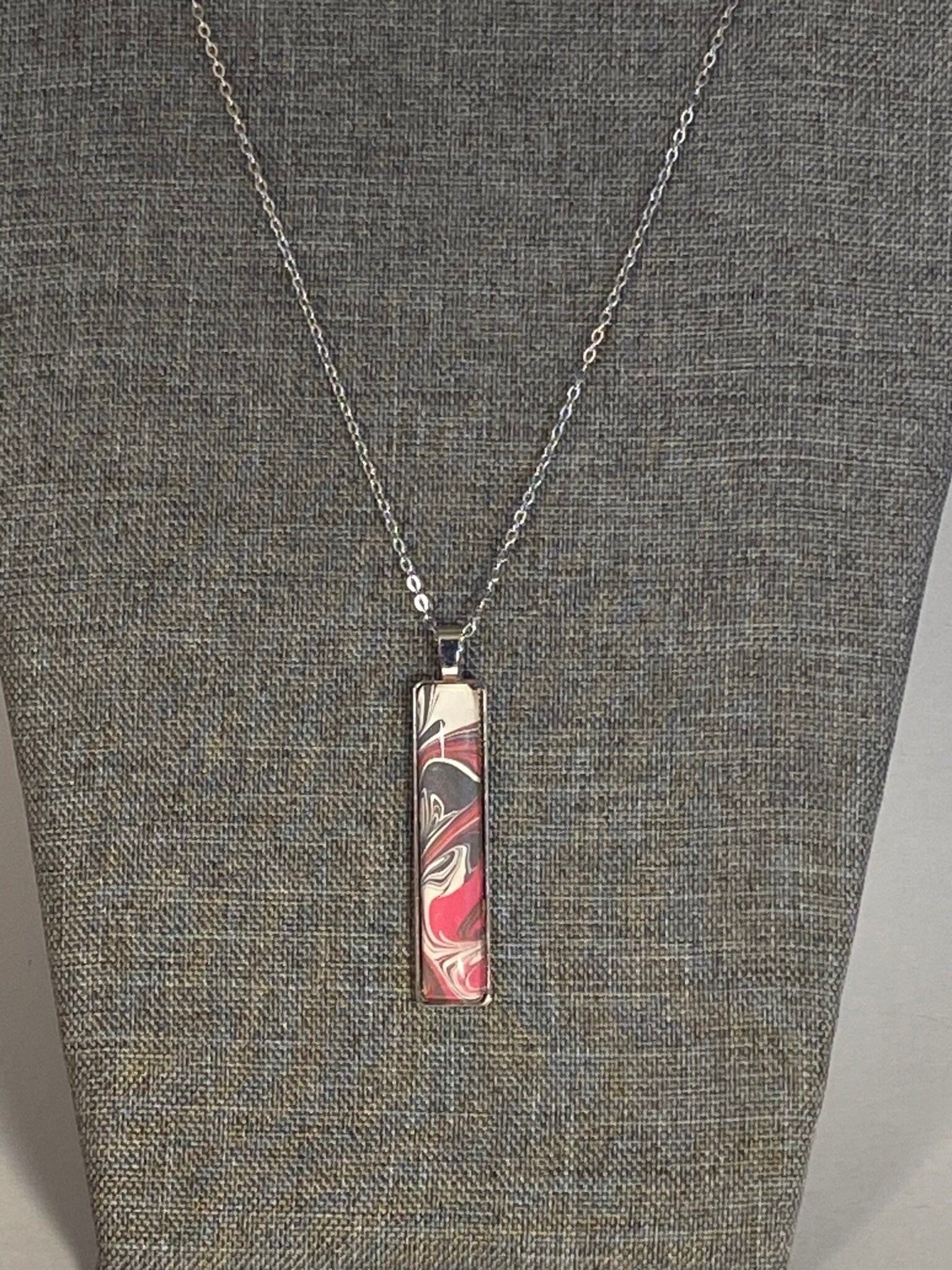 Pink, Gray, and White, Fluid Art Necklace, Acrylic pour pendant jewelry, Unique abstract designs, Handcrafted pendant, Rectangle, Silver